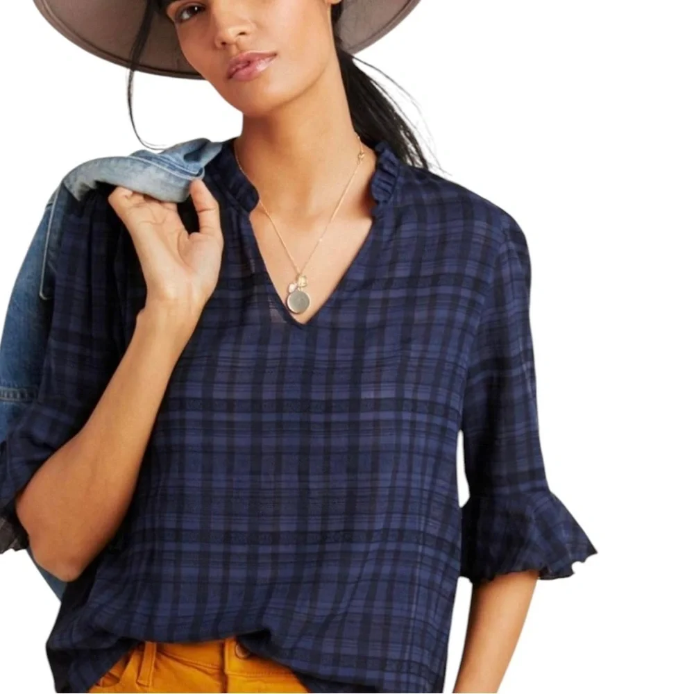 Dolan Blue Plaid Ruffle Sleeve Blouse | XS Petite | Anthropologie
